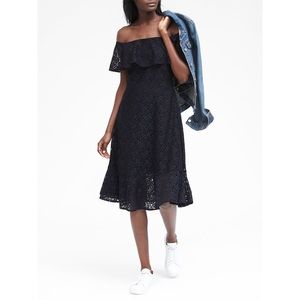 Navy lace off shoulder midi dress